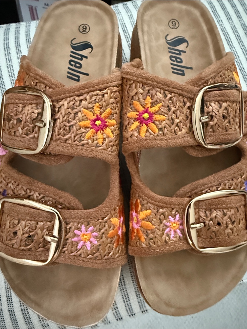 SHEIN Brown Embroidered Double-Buckle Floral Slide Sandals